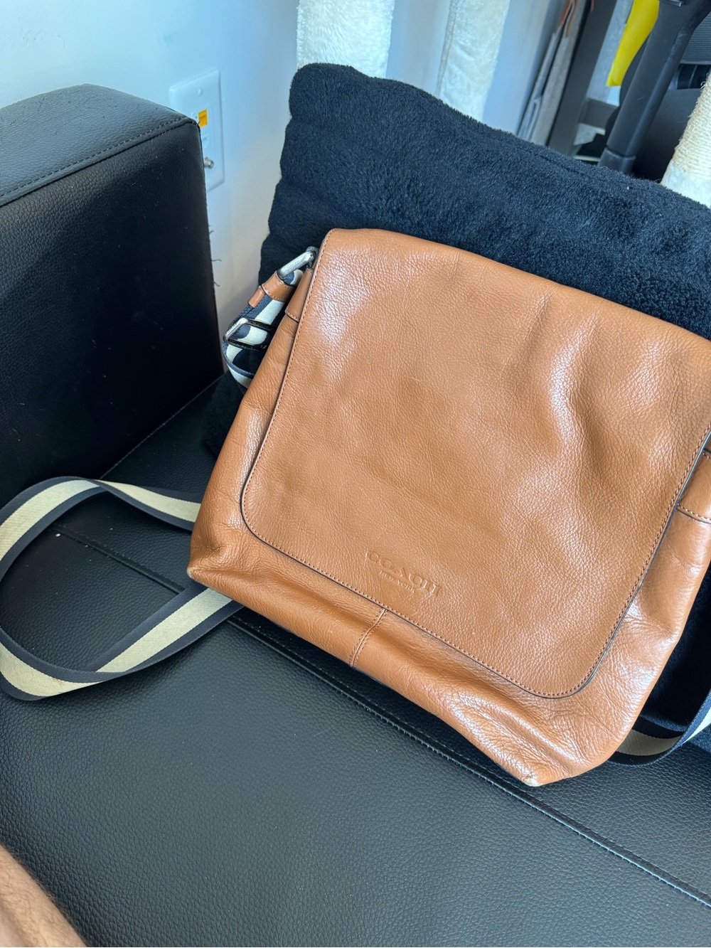 Coach Brown Leather Messenger Bag with Striped Strap